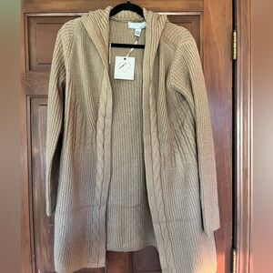 Women's Tan Sweater long hooded Cardigan size Large Brand New